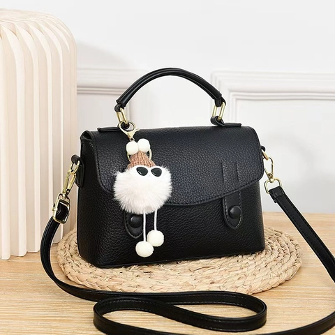 Women Litchi Grain PU Leather Crossbody Bag With Top Handle Adjustable Strap And Cute White Plush Doll Pendant