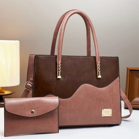 Women Wavy Colorblock Tote And Pouch PU Leather Large Capacity Shoulder Bag Elegant Commuting Handbag For Office Ladies
