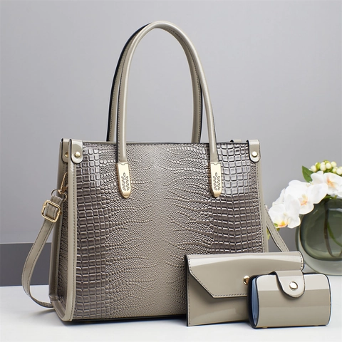 Set di Borse da Donna in Pelle PU con Motivo Coccodrillo Include Borsa Tote Portafoglio a Busta e Porta Carte Elegante Borsa da Ufficio