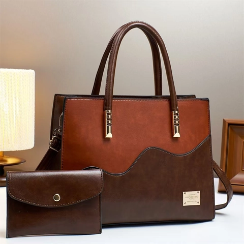 Women Wavy Colorblock Tote And Pouch PU Leather Large Capacity Shoulder Bag Elegant Commuting Handbag For Office Ladies