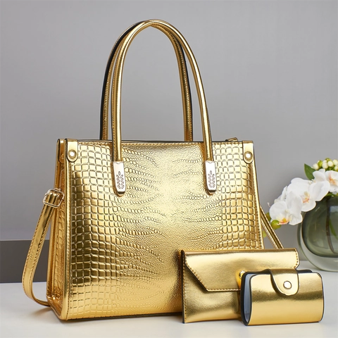 Set di Borse da Donna in Pelle PU con Motivo Coccodrillo Include Borsa Tote Portafoglio a Busta e Porta Carte Elegante Borsa da Ufficio