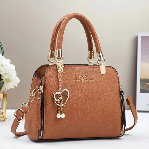 Bolso De Mano Para Mujer Cuero PU Con Patrón Lychee Elegante Bolso Al Hombro Con Colgante Corazón Perla Artificial Moda