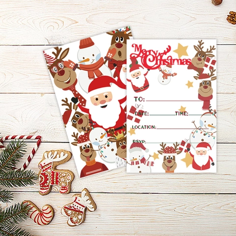 Christmas Invitation Card Set Cartoon Santa Claus Snowman Reindeer Pattern Cardboard Holiday Party Supplies Merry Christmas Cards