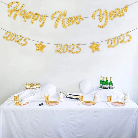 Juego De Banner Happy New Year Dorado Con Purpurina Y Guirnalda De Estrellas Para Celebración De Año Nuevo Decoración De Fiesta En Casa Fondo Festivo