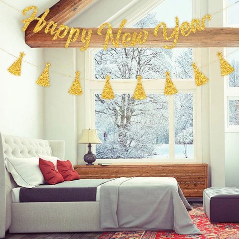 Glitter Paper Happy New Year Banner With Star Hat Pendants For New Year Eve Party Decoration Wall Hanging Pull Flag