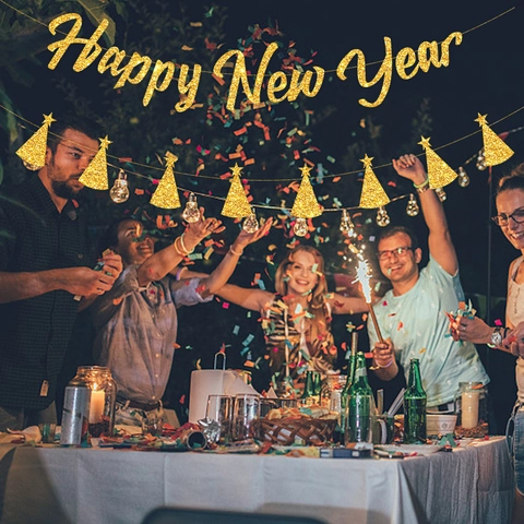 Glitter Paper Happy New Year Banner With Star Hat Pendants For New Year Eve Party Decoration Wall Hanging Pull Flag