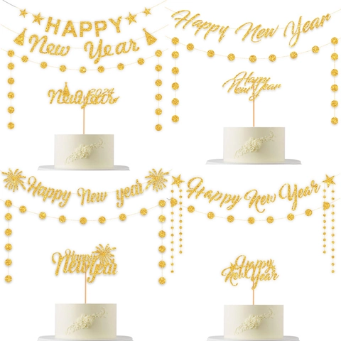 Decorazione Festa di Capodanno Happy New Year Banner Cake Topper Ghirlanda di Cerchi Luccicanti Accessori
