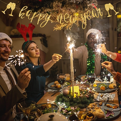 Πανό Happy New Year Με Χρυσόσκονη Χάρτινη Γιρλάντα Ποτήρι Σαμπάνιας Μπουκάλι Διακόσμηση Πάρτι Γιορτής Κρεμαστό