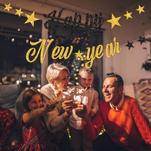 Frohes Neues Jahr Banner Glitzerpapier Funkelnde Stern Aufhängung Girlande Für Feiertagsfeier Silvester Party Deko