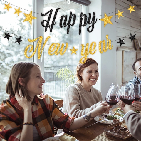 Πανό Happy New Year Με Χρυσόσκονη Και Αστέρια Για Διακόσμηση Πάρτι Κρεμαστή Γιρλάντα Χρυσό Ασημί Ροζ Χρυσό Μαύρο Είδη Πρωτοχρονιάς