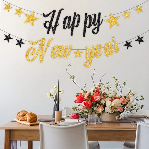 Frohes Neues Jahr Banner Glitzerpapier Funkelnde Stern Aufhängung Girlande Für Feiertagsfeier Silvester Party Deko