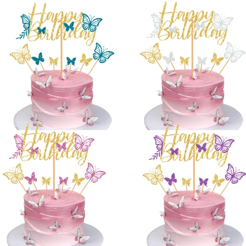 Glitter Butterfly Happy Birthday Cake Topper For Birthday Party Celebration Cake Decoration Supplies Hollow Paper Insert
