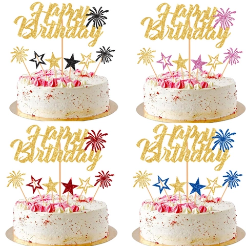 Glitter Happy Birthday Cake Topper Collection With Fireworks And Star Ornaments For Birthday Party Cake Decoration