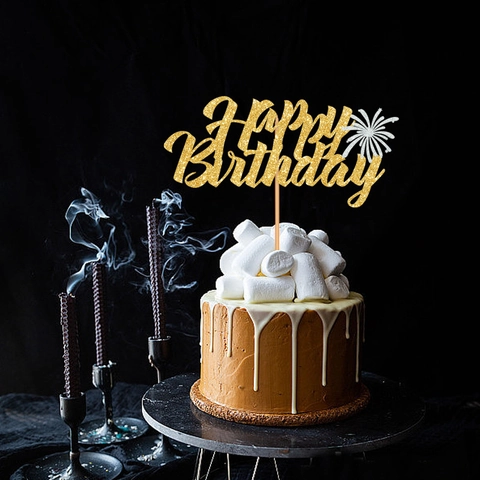 Glitter Happy Birthday Cake Topper Collection With Fireworks And Star Ornaments For Birthday Party Cake Decoration