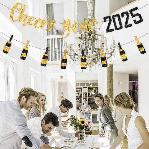 New Year 2026 Cheers Year Banner And Champagne Bottle Bunting Glitter Paper Party Decoration Eve Celebration Shiny