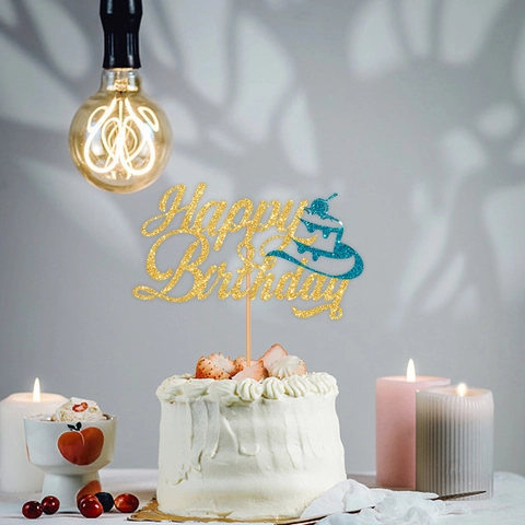 Glitter Happy Birthday Taarttopper Goud Artistiek Lettertype Met Gekleurde Taart Icoon Voor Verjaardagsfeestje Decoratie