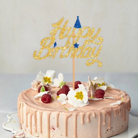 Gold Glitzer Happy Birthday Kuchendekoration Mit Mini Partyhut Sternen Für Geburtstag Party Kuchen Deko Holzstab