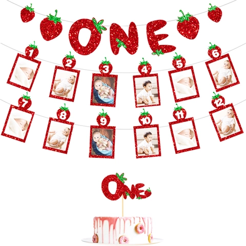 Strawberry Theme First Birthday Party Decorations Glitter Paper Hanging Banner Monthly Growth Photo Frames Cake Topper Baby Decor