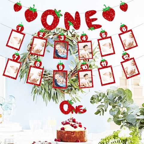 Strawberry Theme First Birthday Party Decorations Glitter Paper Hanging Banner Monthly Growth Photo Frames Cake Topper Baby Decor