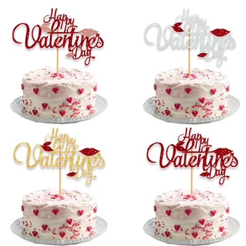 Happy Valentine's Day Cake Topper Glitter Paper Red Lips Party Supplies For Romantic Wedding Anniversary Baking Decor