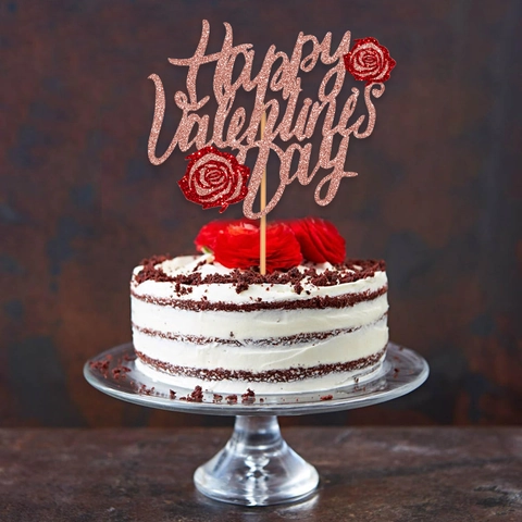 Decorazione per Torta Happy Valentine's Day Glitter Oro Rosa Forme di Cuore e Rosa per Matrimonio Romantico