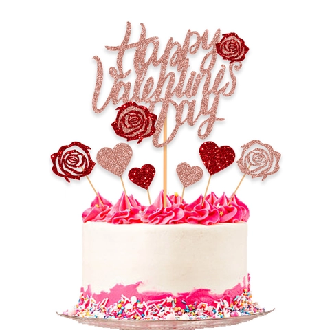 Decorazione per Torta Happy Valentine's Day Glitter Oro Rosa Forme di Cuore e Rosa per Matrimonio Romantico