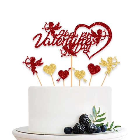 Glitter Cupid Heart Happy Valentine Day Cake Topper For Birthday Wedding Party Decoration Cake Insert Decor Supplies