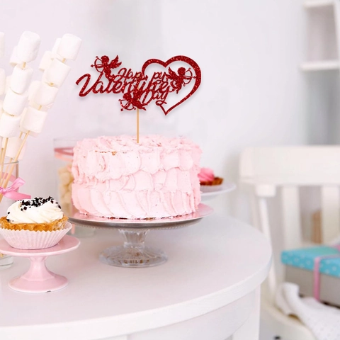 Glitter Cupid Heart Happy Valentine Day Cake Topper For Birthday Wedding Party Decoration Cake Insert Decor Supplies