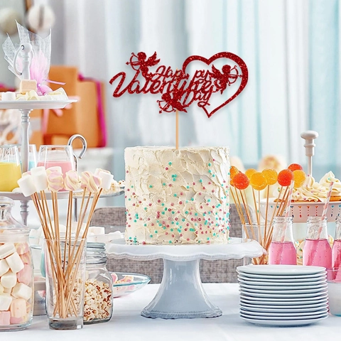 Happy Valentine's Day Cake Topper Set Glitter Paper Heart Cupid Rose Flowers Cake Decoration For Party Baking Supplies
