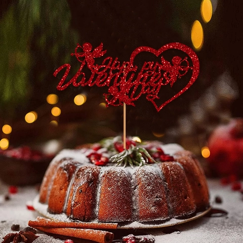 Happy Valentine's Day Cake Topper Set Glitter Paper Heart Cupid Rose Flowers Cake Decoration For Party Baking Supplies