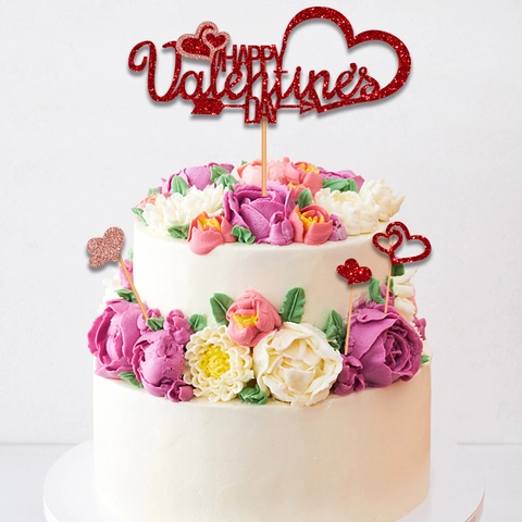Decorazione Per Torta Happy Valentine's Day Glitter Rosso Forme Di Cuore Carta Legno Per Anniversario Festa Romantica Forniture