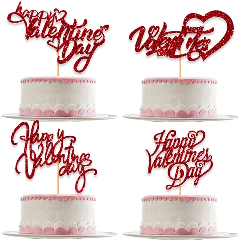 Topper per Torta Happy Valentine's Day con Glitter Rossi a Forma di Cuore Decorazione per Torta per Matrimonio Anniversario Festa