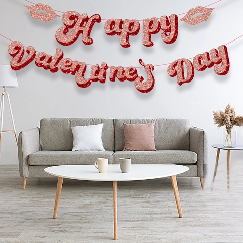 Fijne Valentijnsdag Banner Glitter Rozegoud Rood Letter Hangende Vlag Voor Romantisch Daten Voorstel Feest Decoratie