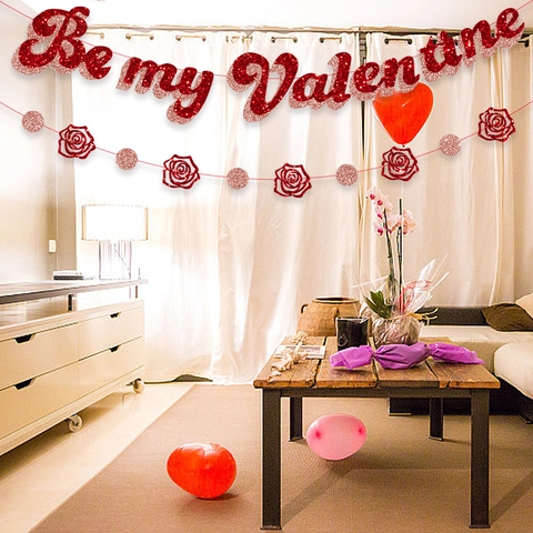 Bannière Pailletée Saint Valentin Hugs And Kisses Happy Valentine's Day Be My Valentine Guirlande Suspendue pour Décoration Mariage Fête