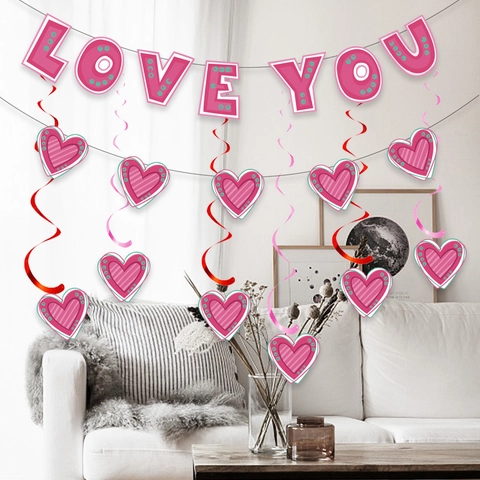 Romantic Love You Banner And Heart Swirl Hanging Decorations Paper PVC Valentine Wedding Anniversary Party Decor