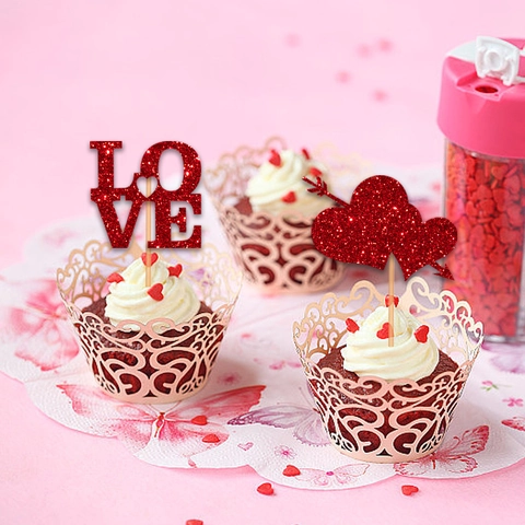 Roter Glitzer Herz Liebe Kuchenstecker Für Valentinstag Jubiläum Hochzeit Party Dekoration Romantische Dessert Cupcake Deko