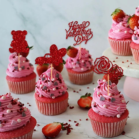 Red Glitter Valentine Day Cupcake Toppers Love Heart Bear Car Design Paper Wood Cake Decoration Party Supplies