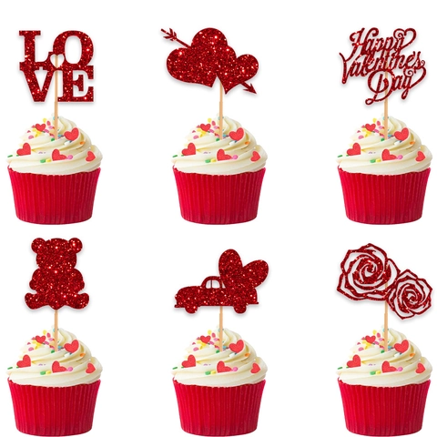 Red Glitter Valentine Day Cupcake Toppers Love Heart Bear Car Design Paper Wood Cake Decoration Party Supplies
