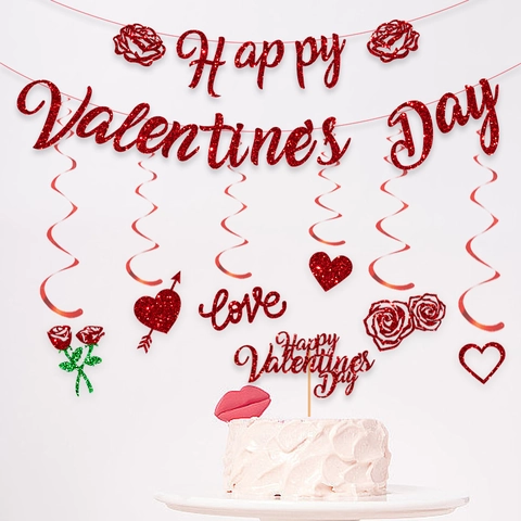 Decorazione Happy Valentines Day Banner Carta Glitterata Cake Topper Cuore Rosa Love Spirali Romantica Festa Appesa