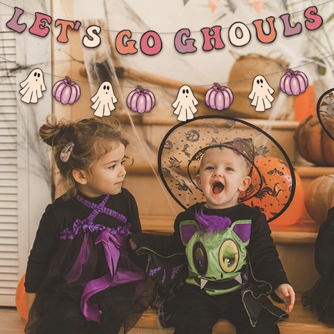 Banner Decorazione Halloween E Topper Per Torta Let's Go Ghouls Retro Rosa Fantasma Zucca Carta Ghirlanda Appesa Ornamenti