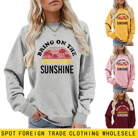 Women Bring On The Sunshine Tropical Sunset Print Sweatshirt Cotton Blend Round Neck Long Sleeve Casual Streetwear Pullover Top