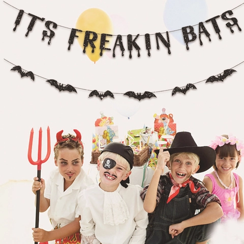 Banner Halloween Purpurina Negra Guirnalda Letras Its Freakin Bats Decoración Colgante Murciélago Accesorios Fiesta
