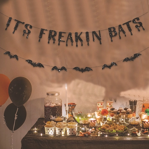 Banner Halloween Purpurina Negra Guirnalda Letras Its Freakin Bats Decoración Colgante Murciélago Accesorios Fiesta