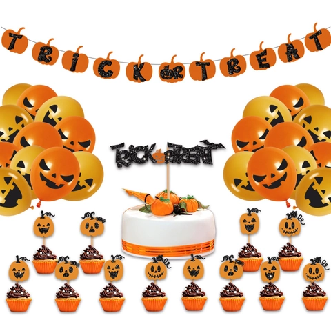 Halloween Party Decoration Combination Trick Or Treat Pumpkin Banner Balloons Cupcake Toppers Glitter Paper Jack-O-Lantern Party Supplies