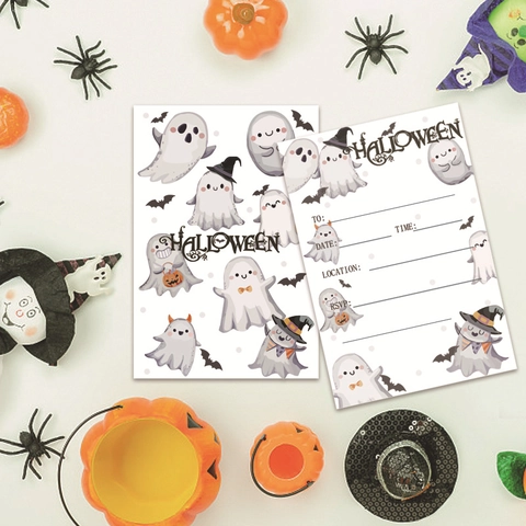 Cartes d'Invitation de Fête d'Halloween Dessin Animé Fantôme Citrouille Squelette Rose Motif Invitations en Carton pour Célébration Effrayante