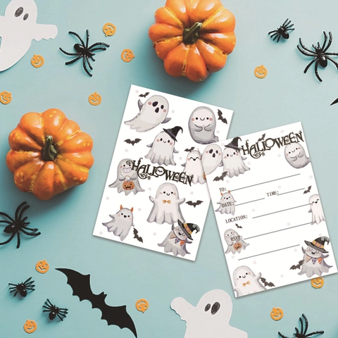 Cartes d'Invitation de Fête d'Halloween Dessin Animé Fantôme Citrouille Squelette Rose Motif Invitations en Carton pour Célébration Effrayante