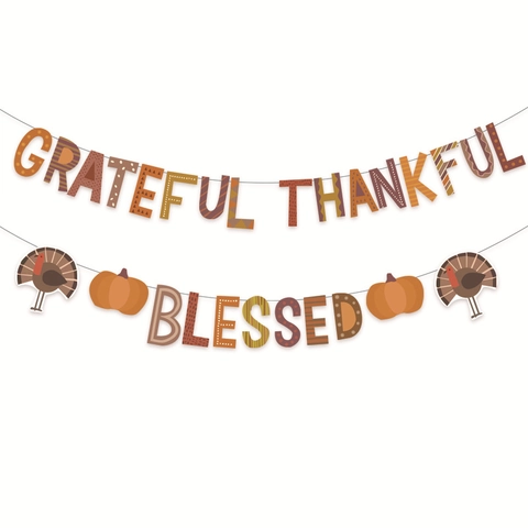 Thanksgiving Banner Grateful Thankful Blessed Hanging Bunting With Turkey Pumpkin For Harvest Fall Party Home Decor