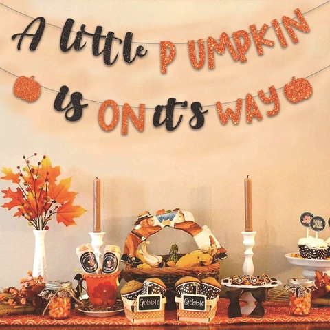 Glitter A Little Pumpkin Is On Its Way Banner Black Orange Garland For Thanksgiving Baby Shower Party Background Wall Decor