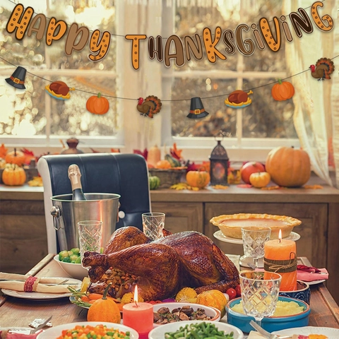 Happy Thanksgiving Banner Bunting Paper Turkey Pumpkin Autumn Party Decorations Home Wall Hanging Ornament