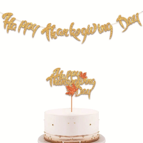 Gold Glitter Happy Thanksgiving Day Banner And Maple Leaf Cake Topper Set For Thanksgiving Party Decorations Home Decor